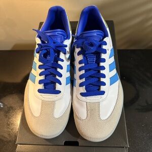 Blue and White Adidas Samba Messi